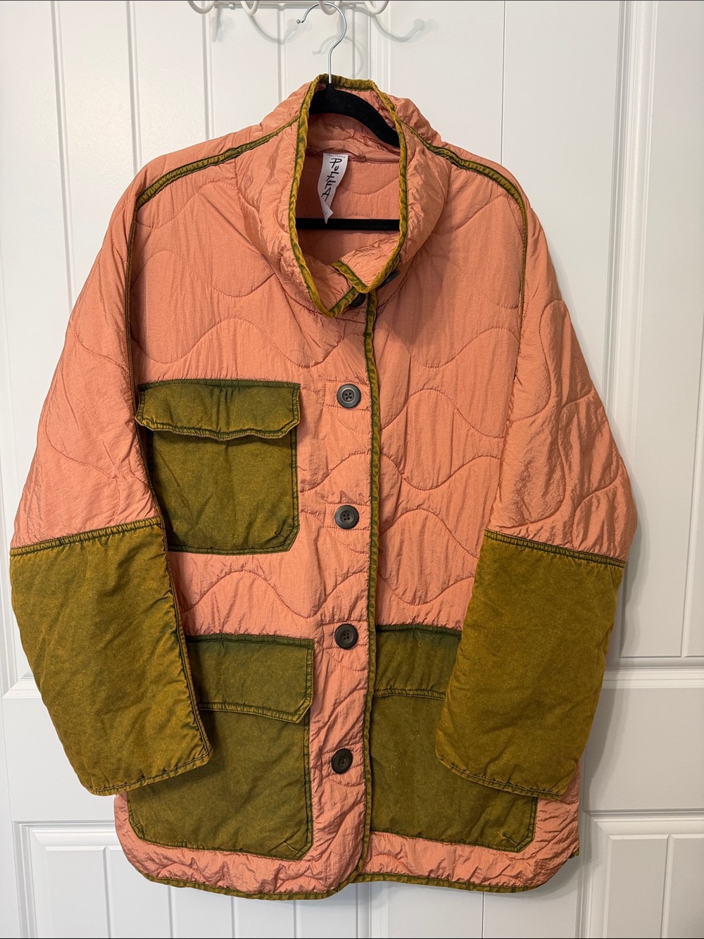 Free People Pink and Olive Green Quilted Puffer Jacket